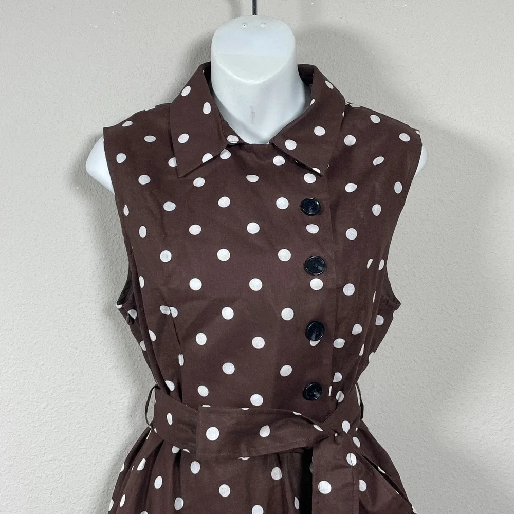 Linen Vibes Polka Dot Midi Dress Women M Brown Rockabilly Feminine Sleeveless - Picture 4 of 11